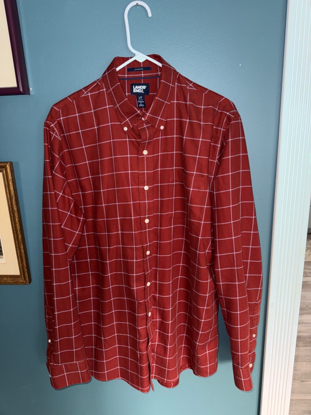 Lands' End Men's Red Windowpane Button-Down Shirt 251
